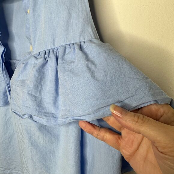 Chic Light Denim Blue Ruffled Cold Shoulder Half Front Button Flowy Blouse Small - Picture 4 of 13